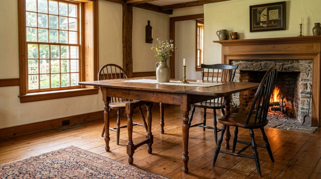 Authentic antique American drop leaf dining table in solid walnut with one leaf extended showing rule joint and turned legs