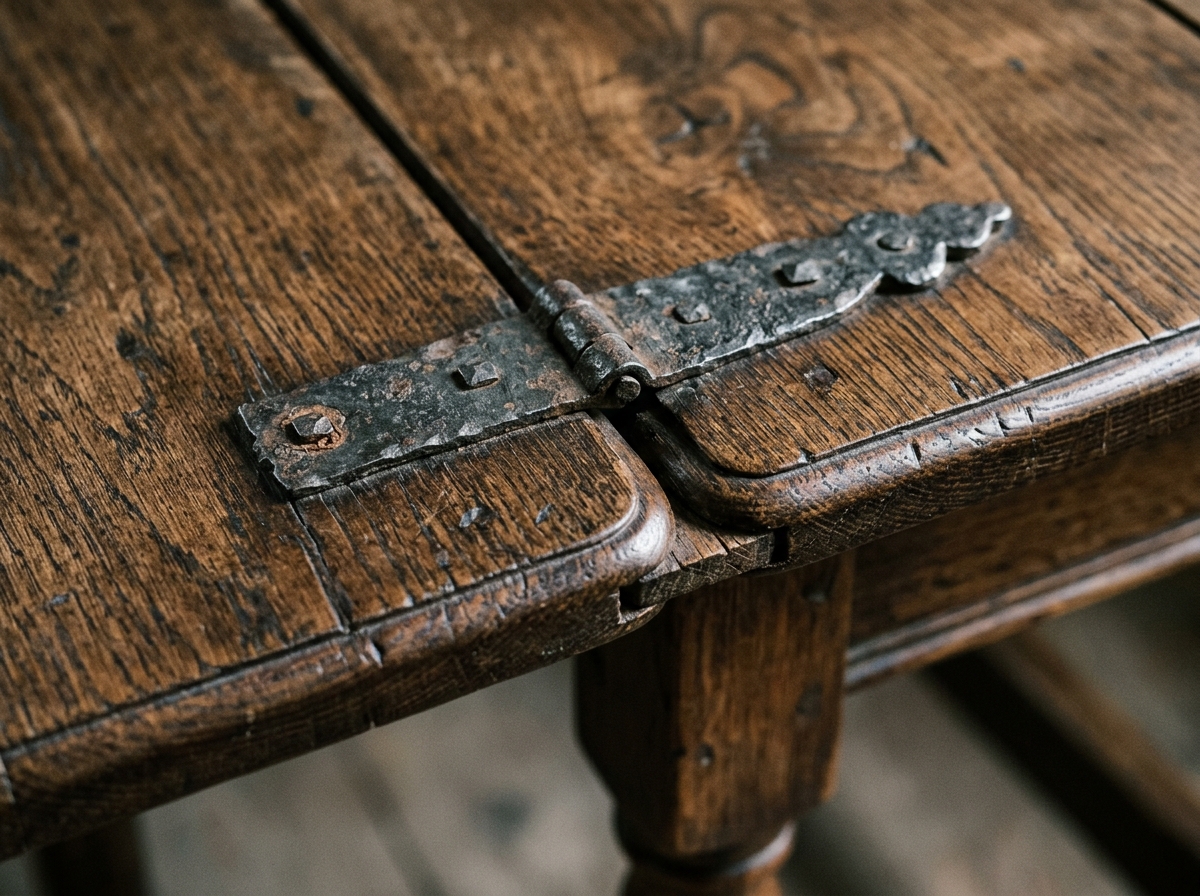 Close-up macro of antique drop leaf table wooden rule joint and hand-forged iron hinge with aged wood patina