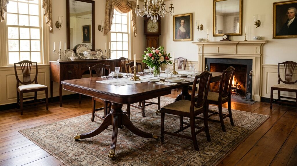 Authentic antique Duncan Phyfe double pedestal mahogany dining table with reeded saber legs and brass claw feet in historic dining room
