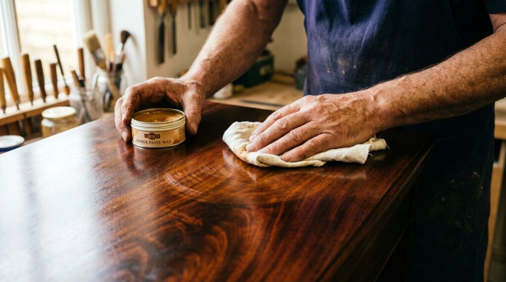 Craftsman hand buffing paste wax onto an antique mahogany table with a soft cloth to preserve wood patina