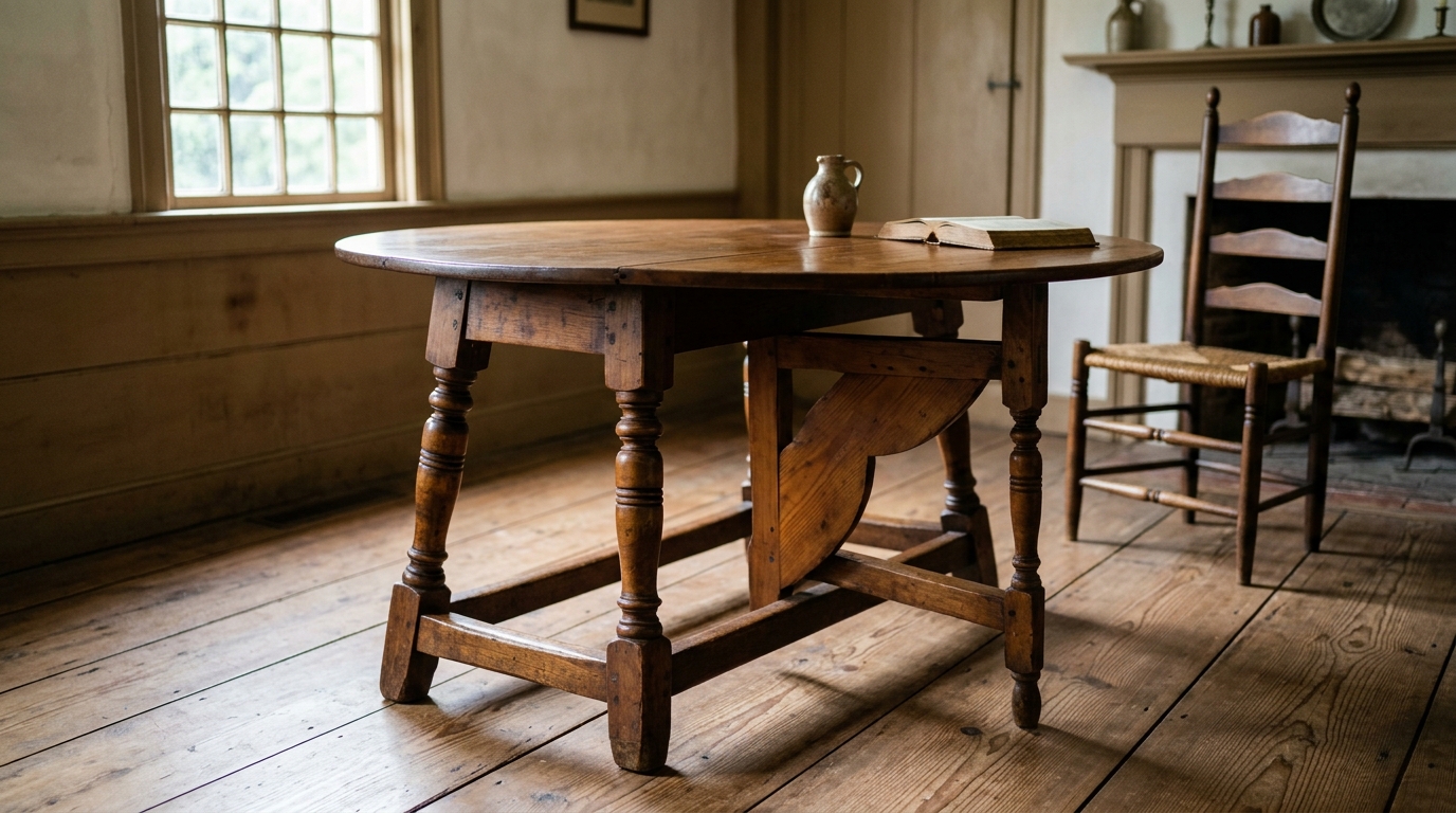 Authentic 18th century American Colonial butterfly table with turned splayed legs and raised drop leaf supported by wooden wing bracket in a historic interior