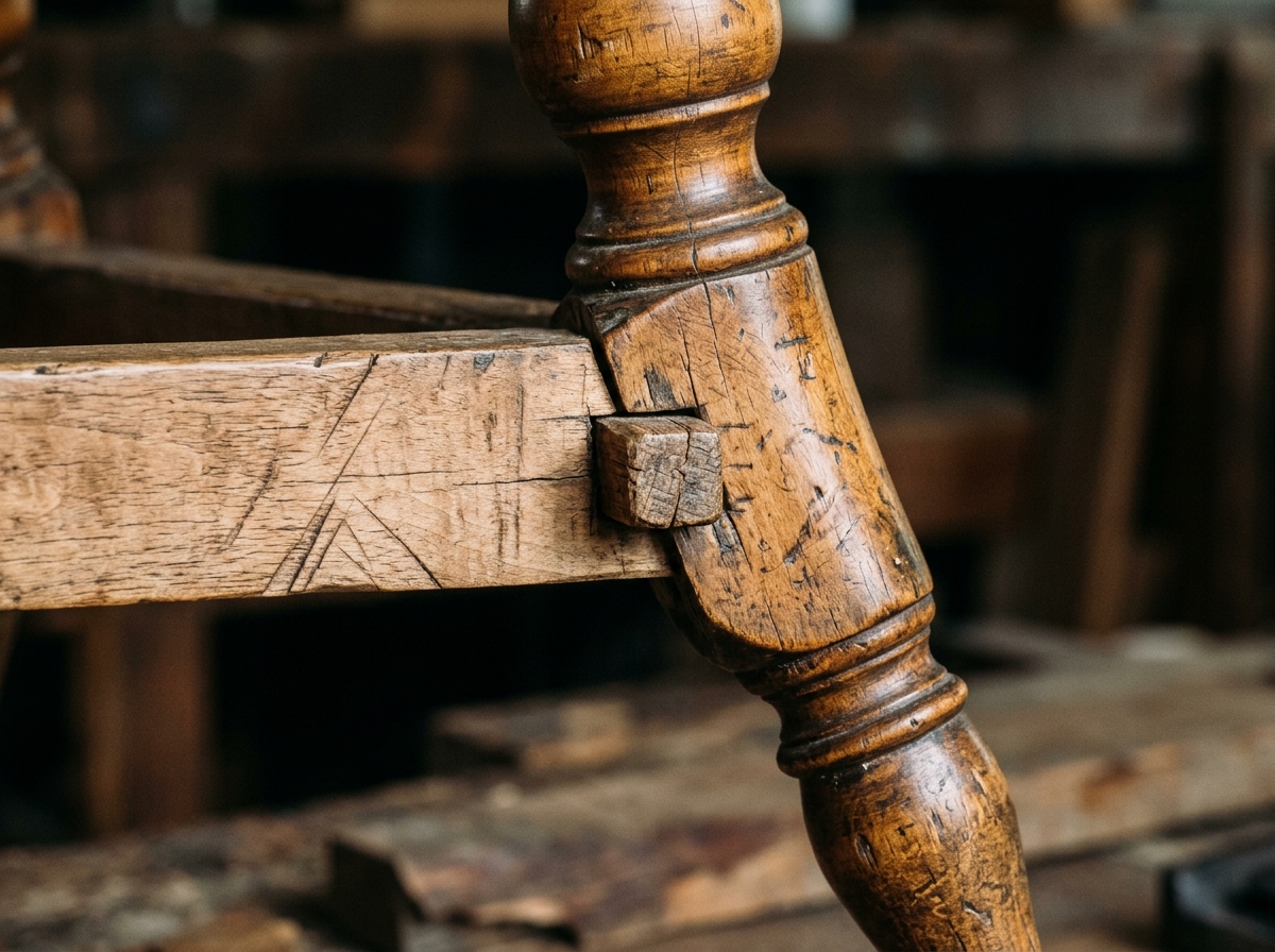Macro close up of turned splayed baluster leg and pegged mortise and tenon joint on an 18th-century antique butterfly table