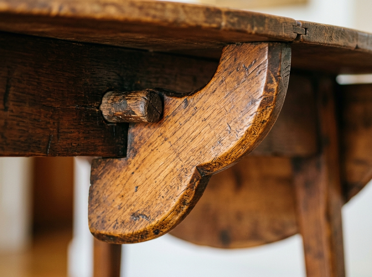 Close up macro photograph of the iconic wing-shaped butterfly support bracket and wooden pivot pin on an antique colonial table