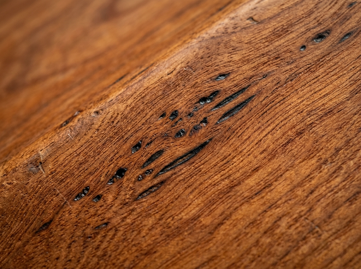 Macro close-up of antique American black cherry wood grain displaying pitch pockets and dark gum flecks
