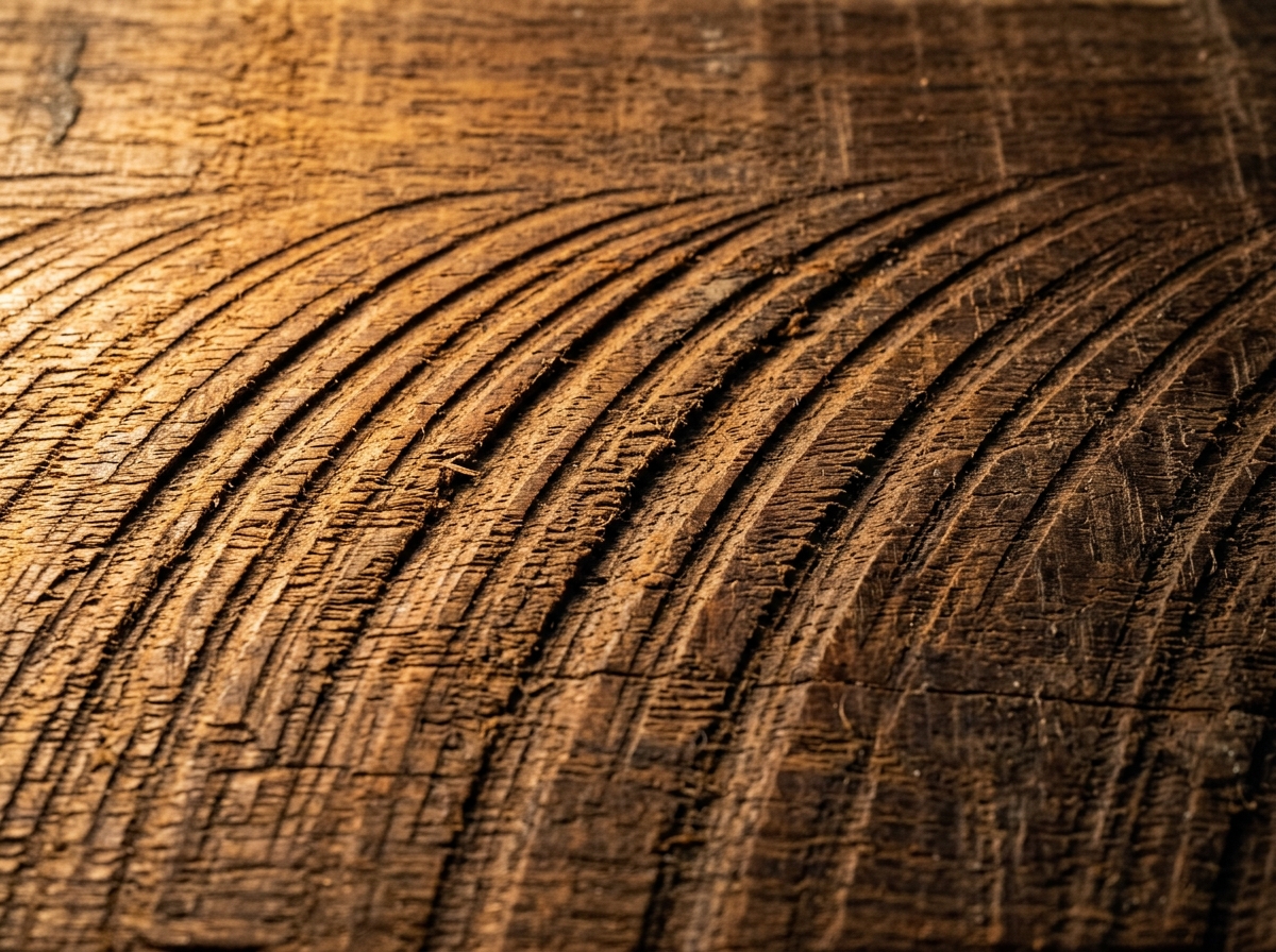 Close up macro of curved circular saw arc kerfs across wood grain on the rough underside of a mid-19th century antique table