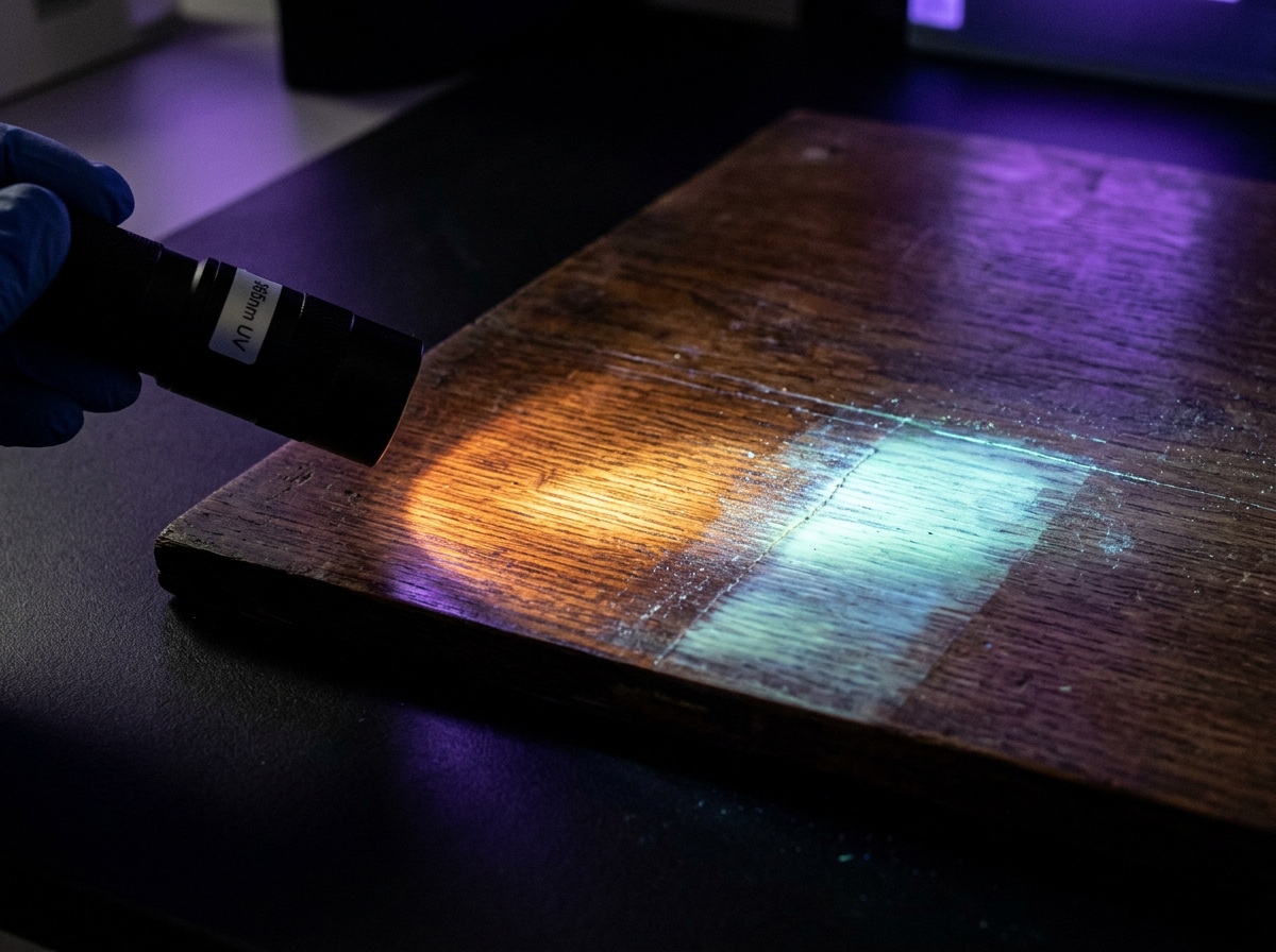 Scientific 365nm UV blacklight test on antique furniture finish revealing natural amber shellac fluorescence versus modern synthetic repairs