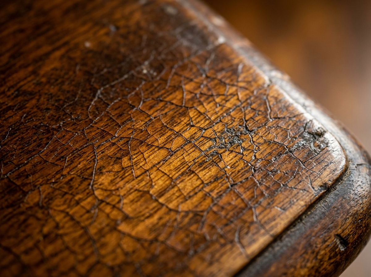 Extreme macro close up of authentic antique furniture craquelure alligatoring on original shellac finish