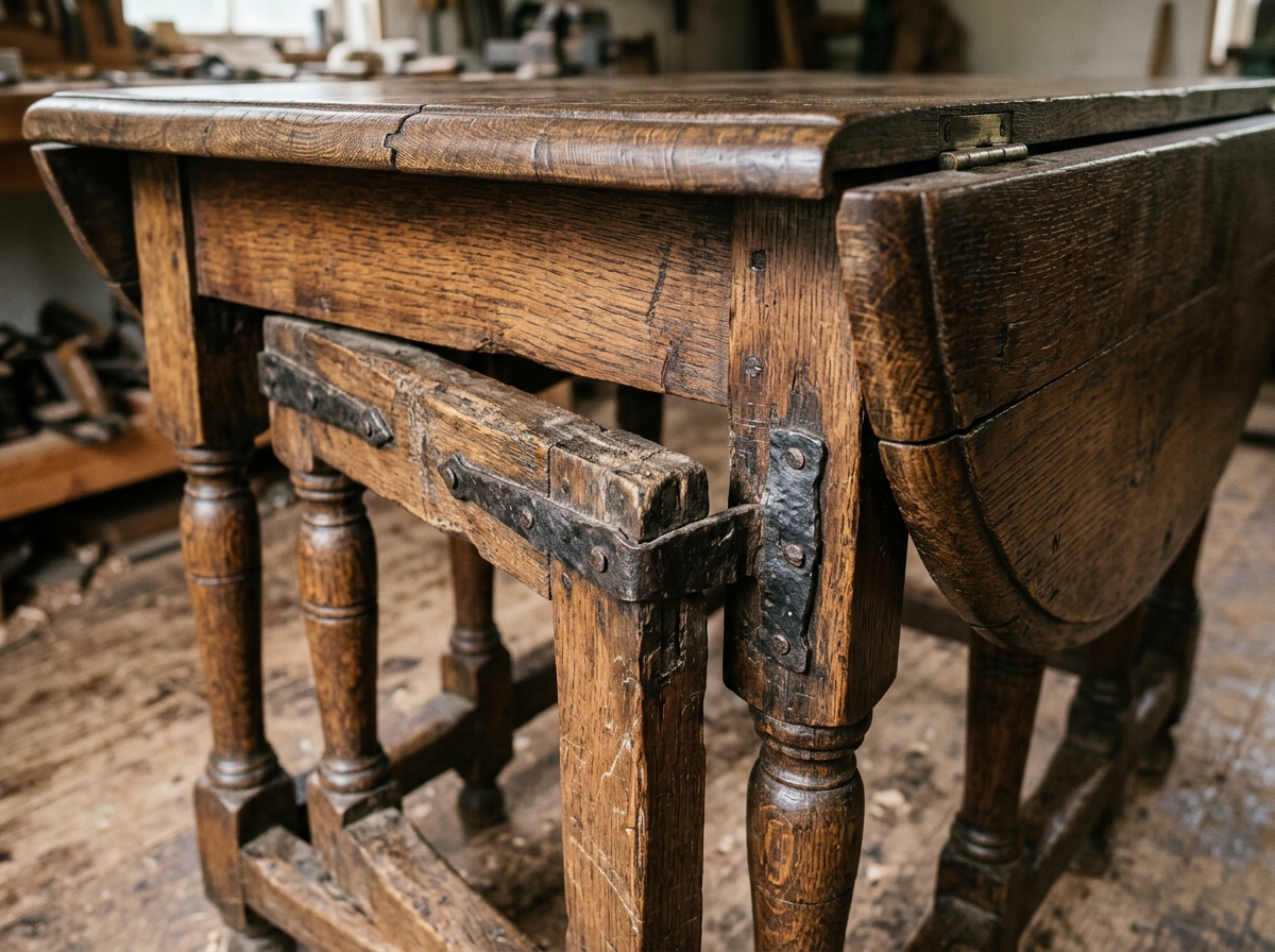 Underside close-up of an antique gateleg table showing the pivoting wooden swing gate leg mechanism, hand-forged iron brackets, and hand-planed rule joint