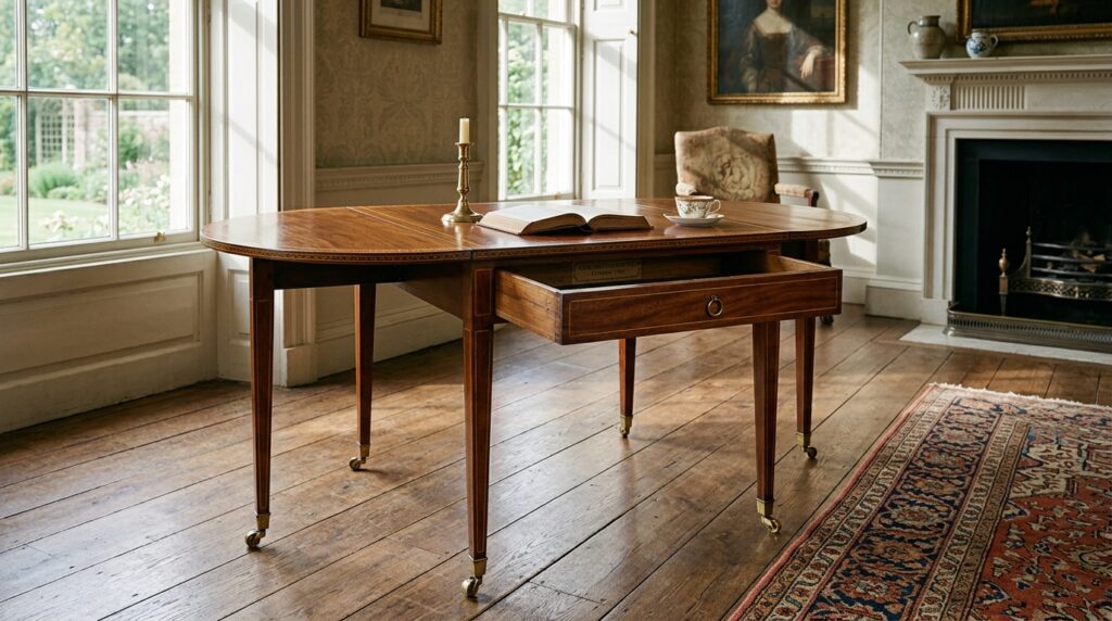 Authentic 18th-century Georgian Hepplewhite mahogany Pembroke table with extended drop leaves, string inlay, and brass cup casters