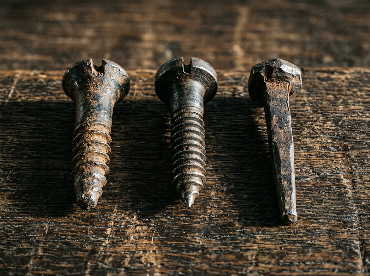 Macro museum comparison of an 18th-century handmade blunt screw, mid-19th century machine screw with gimlet point, and hand-forged rose-head nail