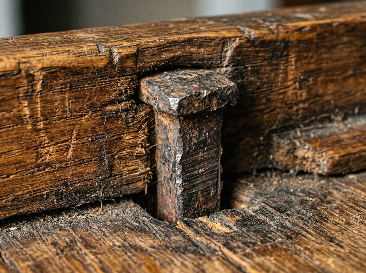 Close up macro of 19th-century machine-cut square nails in antique furniture showing rectangular cross section and characteristic sheared edges