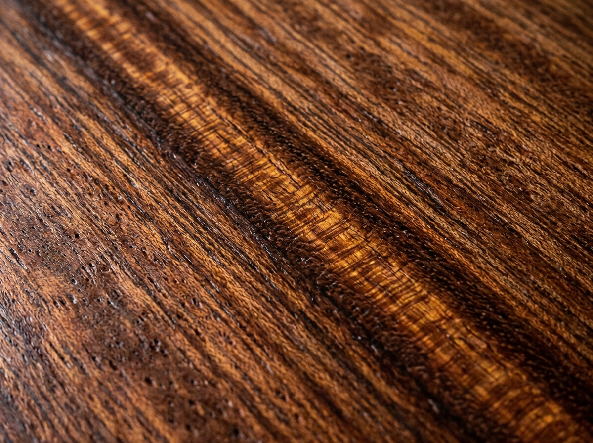 Macro close-up of antique Honduran mahogany wood showing ribbon stripe figure, diffuse pores, and chatoyancy optical sheen