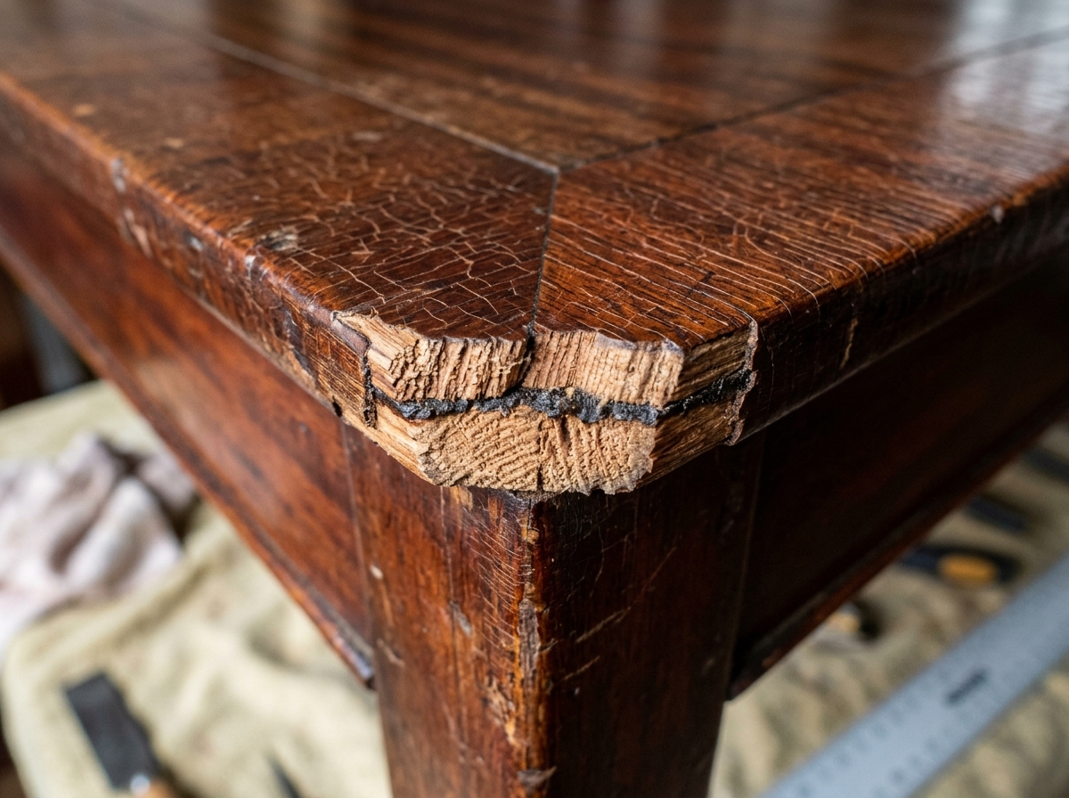 Corner of an authentic 19th-century antique mahogany veneered table showing historic 1/16-inch thick veneer cross-section and dark animal hide glue line