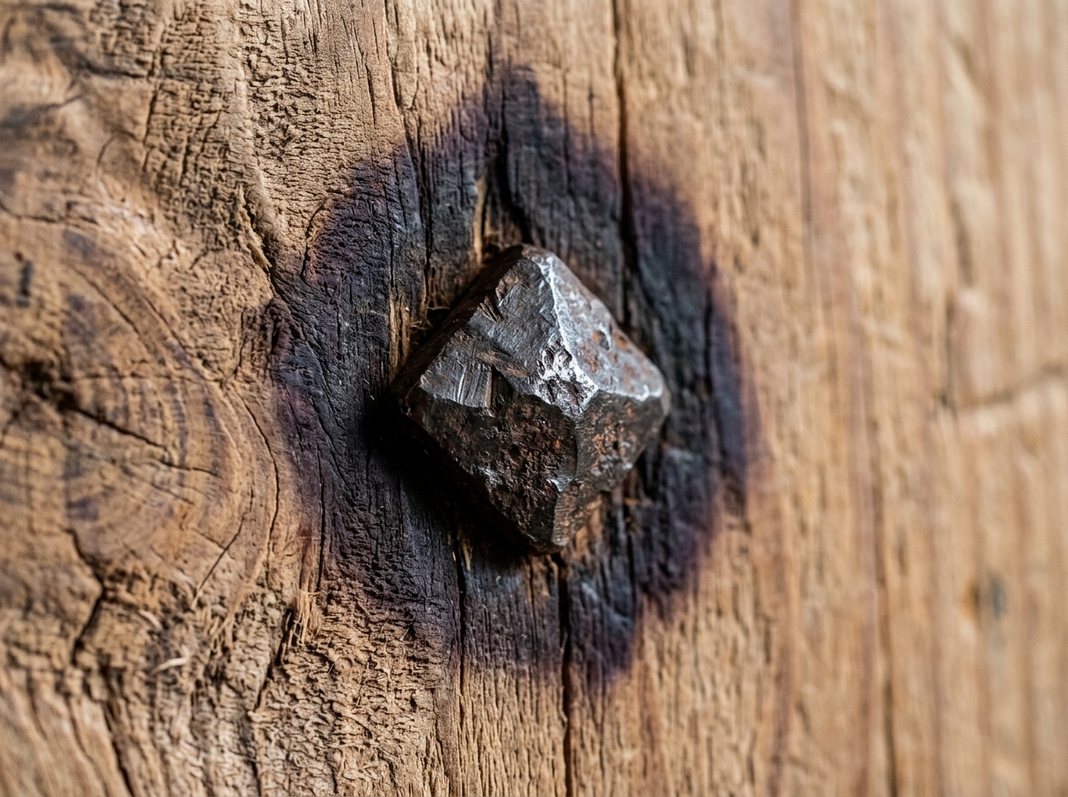 Extreme macro of an authentic 18th century hand-forged rosehead wrought nail driven into pine wood showing dark black iron tannin chemical oxidation halo