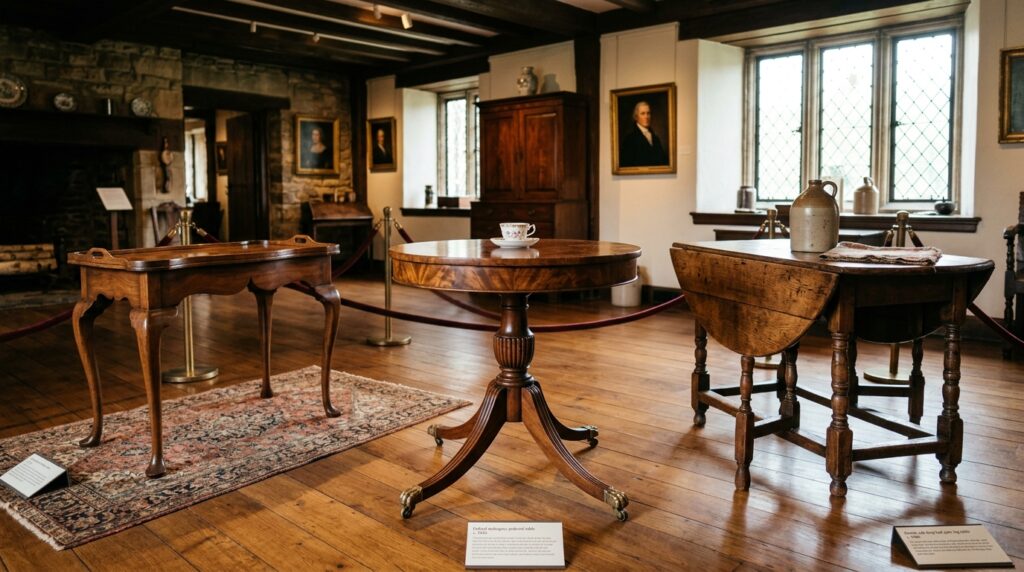 Historic showroom displaying major antique table styles including a Queen Anne tea table, Federal pedestal table, and colonial drop leaf table