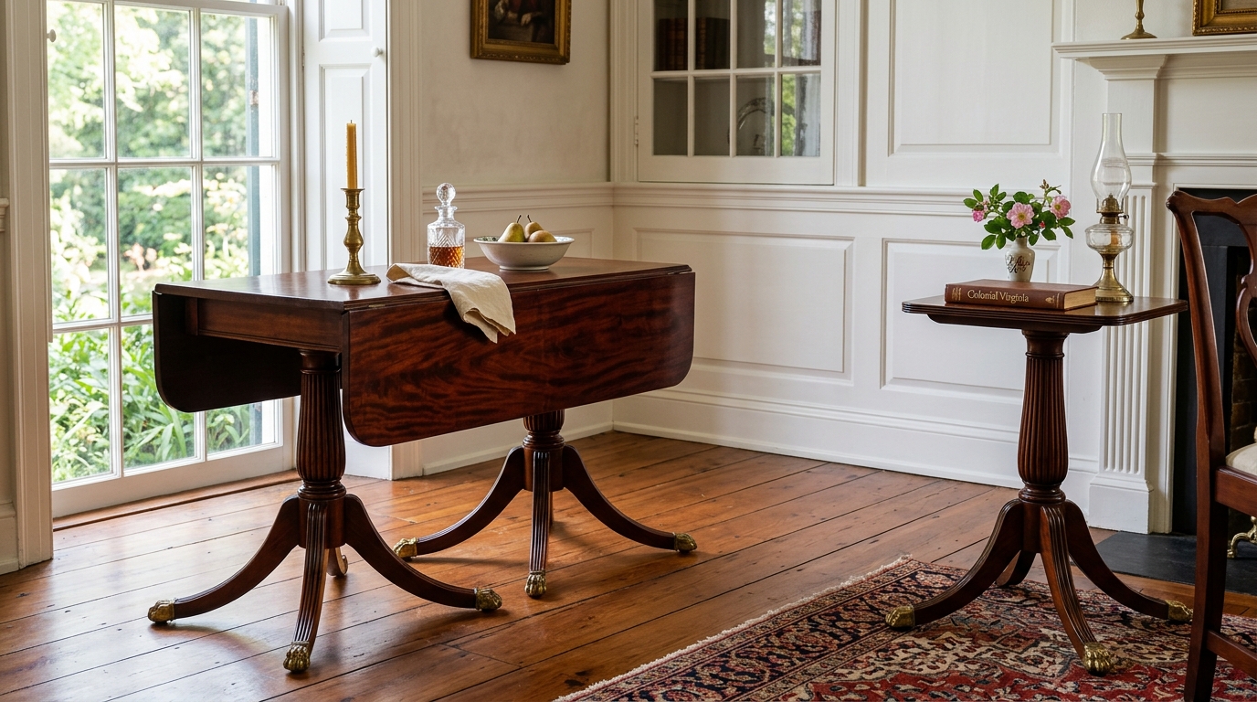Vintage Brandt Cabinet Works mahogany drop leaf occasional table and Duncan Phyfe pedestal table in a historic living room setting