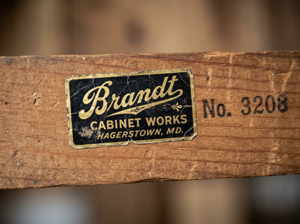 Authentic vintage Brandt Cabinet Works black and gold foil decal label and stamped model number on antique table underside