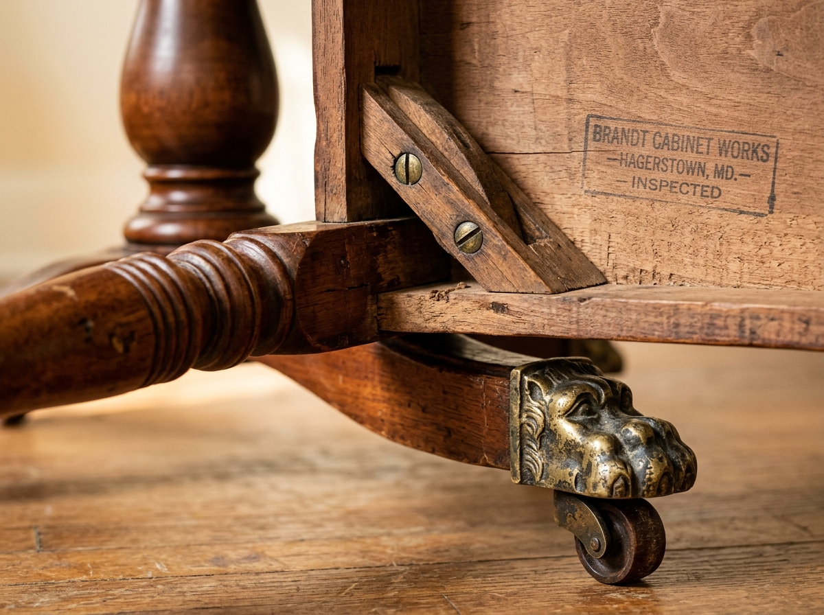 Close up of authentic Brandt Cabinet Works table cast brass lion paw caster foot and turned pedestal joinery