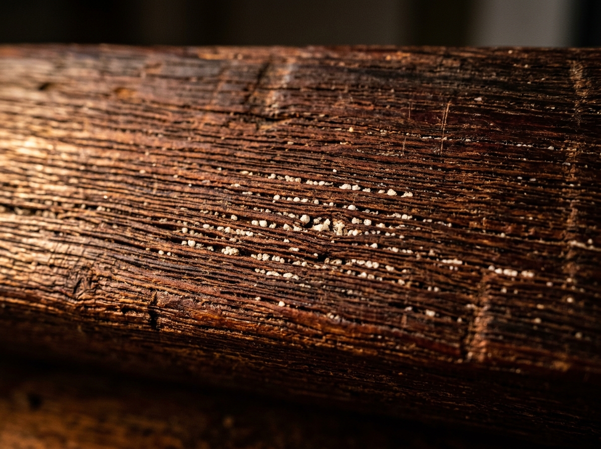 Macro photograph of authentic 18th century Cuban mahogany showing dense wood pores and white calcium carbonate deposits