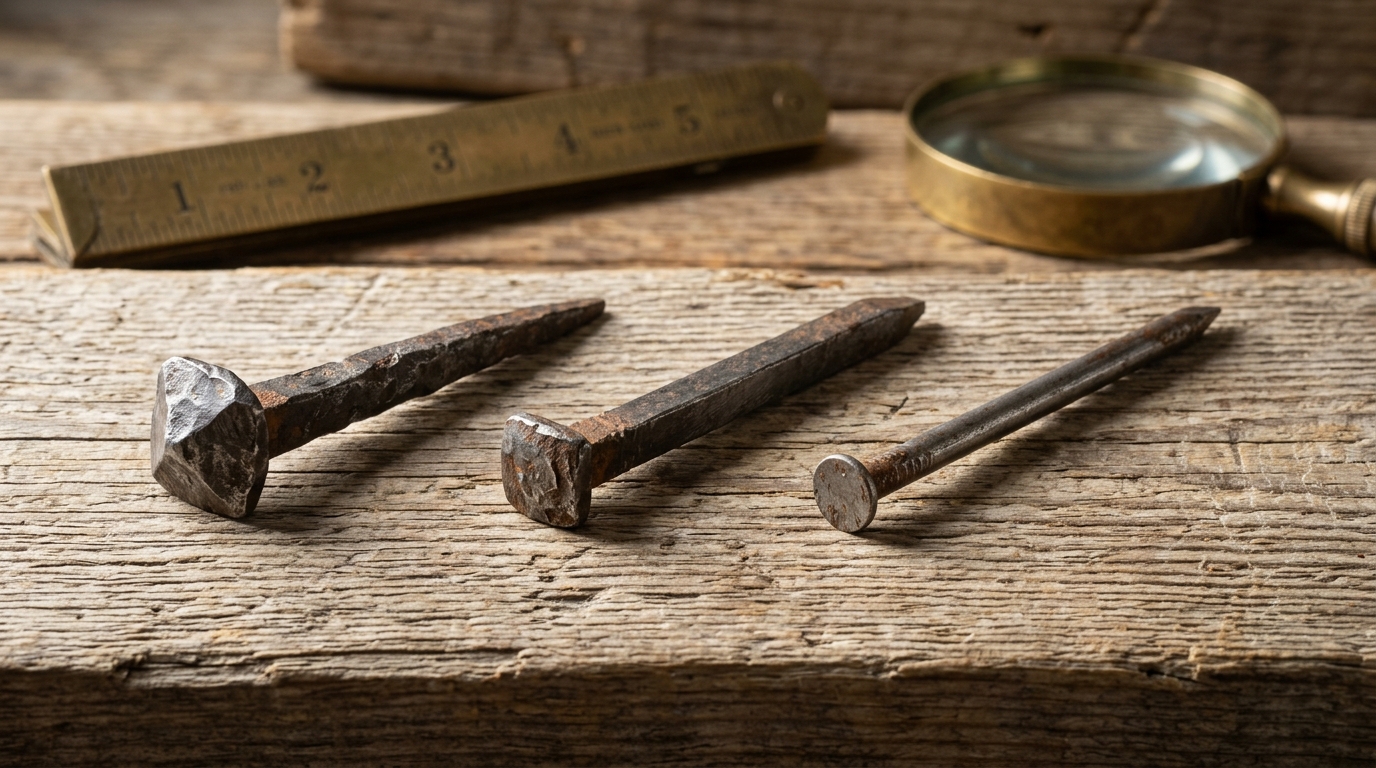 Forensic side by side comparison of three antique fasteners: 18th century hand forged rosehead wrought nail, 19th century machine cut square nail, and late 19th century round wire nail