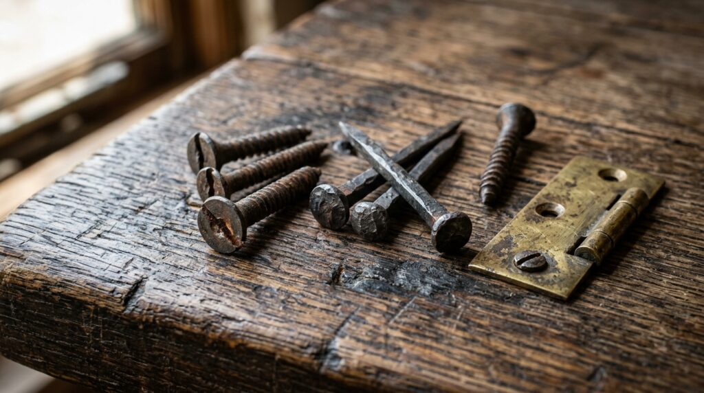 Authentic 18th century antique screws, square rose-head nails, and a brass table hinge on weathered oak tabletop