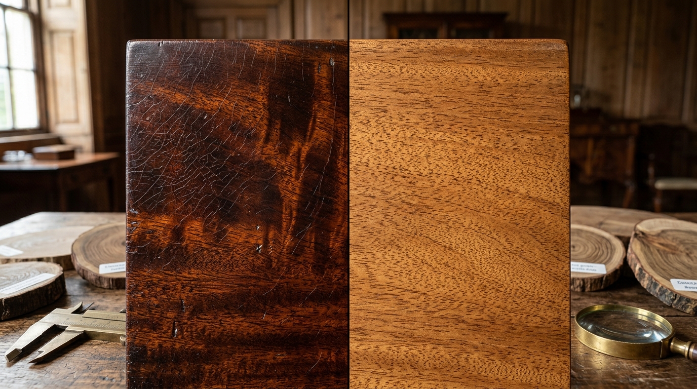 Authentic antique Cuban mahogany and Honduran mahogany table tops side by side comparison showing grain chatoyancy and aged patina