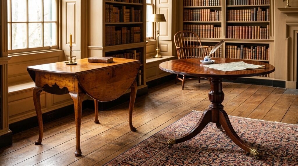 Authentic 18th-century antique American cherry drop-leaf table compared side by side with a dark Honduran mahogany Federal pedestal table