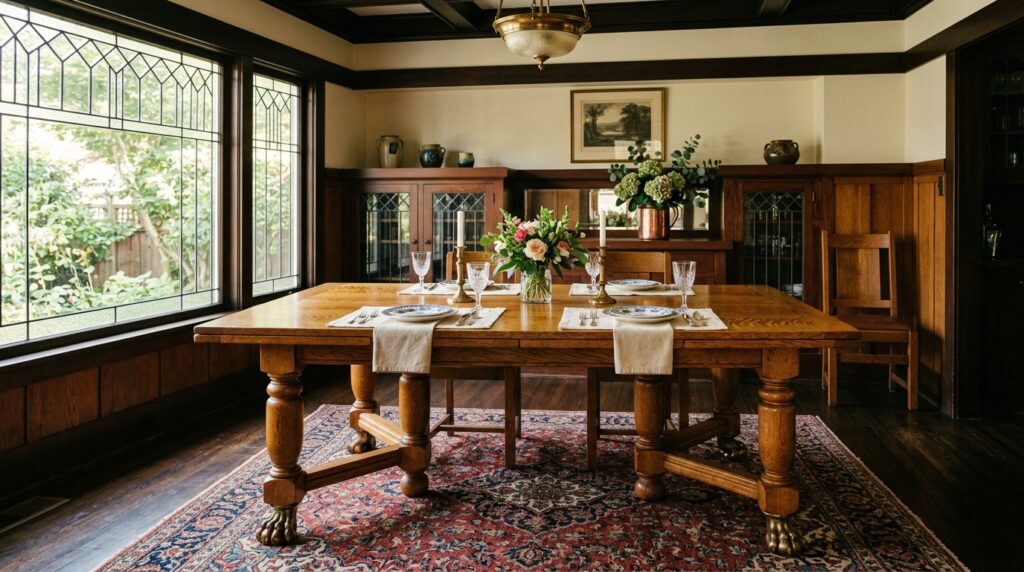 Authentic antique American quartersawn golden oak dining table with tiger oak grain and claw feet in a historic Craftsman dining room