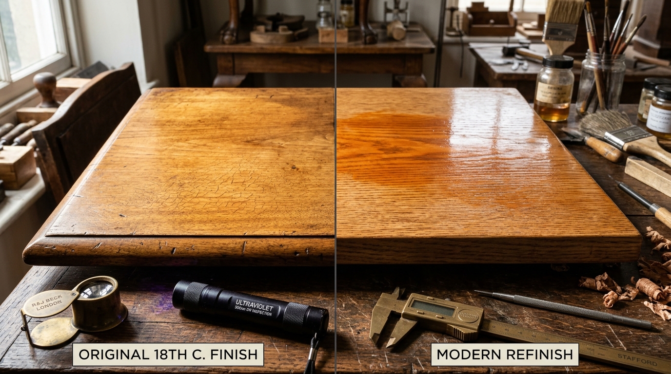 Forensic comparison of original antique furniture shellac patina on left versus modern stripped and refinished polyurethane on right