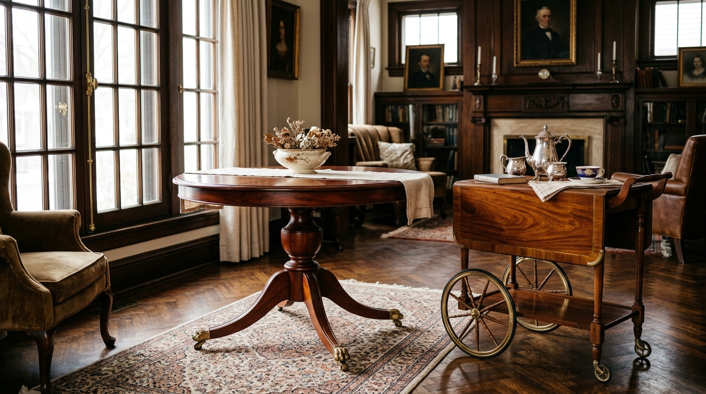 Vintage Imperial Furniture Company Grand Rapids mahogany tea wagon and Duncan Phyfe pedestal table displayed in a historic dining room