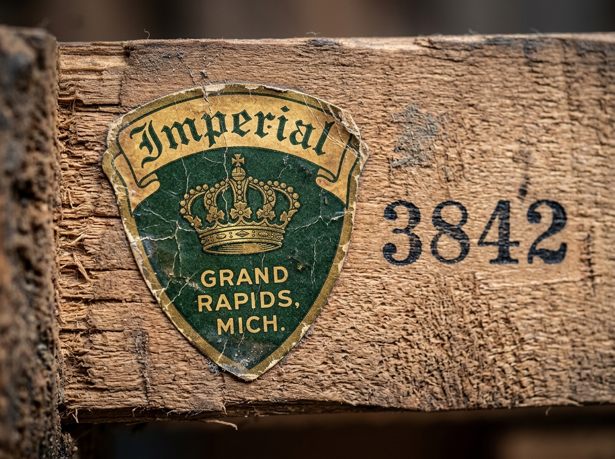 Close up macro of authentic Imperial Furniture Company Grand Rapids green and gold shield decal with crown emblem and stencil pattern number on table underside