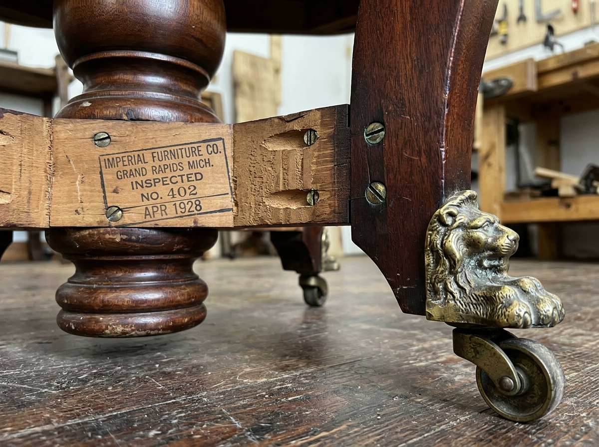 Close up macro of brass lion paw caster foot and turned pedestal joinery on an authentic Imperial Furniture Company mahogany table