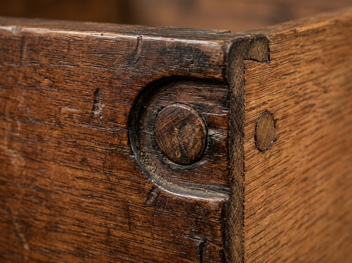 Extreme macro close-up of an authentic 1880s Knapp joint showing circular wooden pin and scalloped cove mortise on aged oak drawer