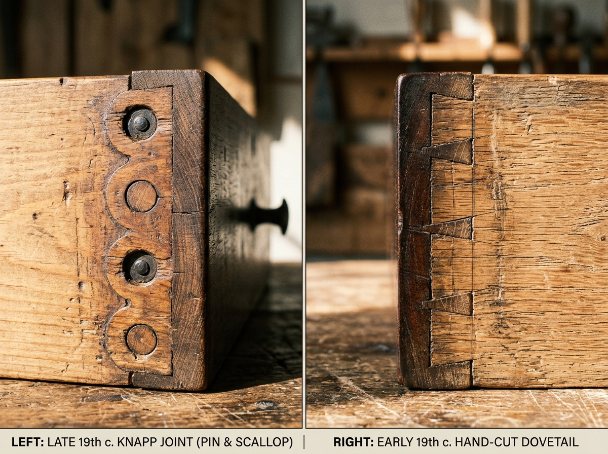Side-by-side comparison of a late 19th-century machine Knapp joint with round scallops versus an early 19th-century hand-cut dovetail joint