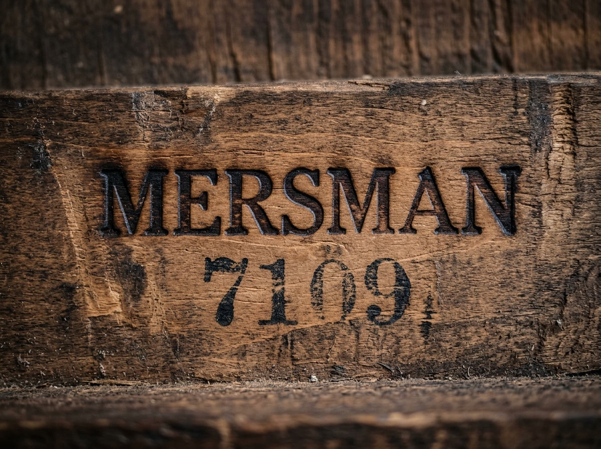 Underside of a vintage Mersman table showing stamped MERSMAN manufacturer brand and 4-digit model number 7109 on raw wood