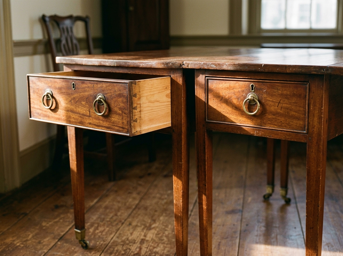 Frieze ends of an antique Federal Pembroke table showing the open functional drawer contrasted with the symmetrical false dummy drawer front