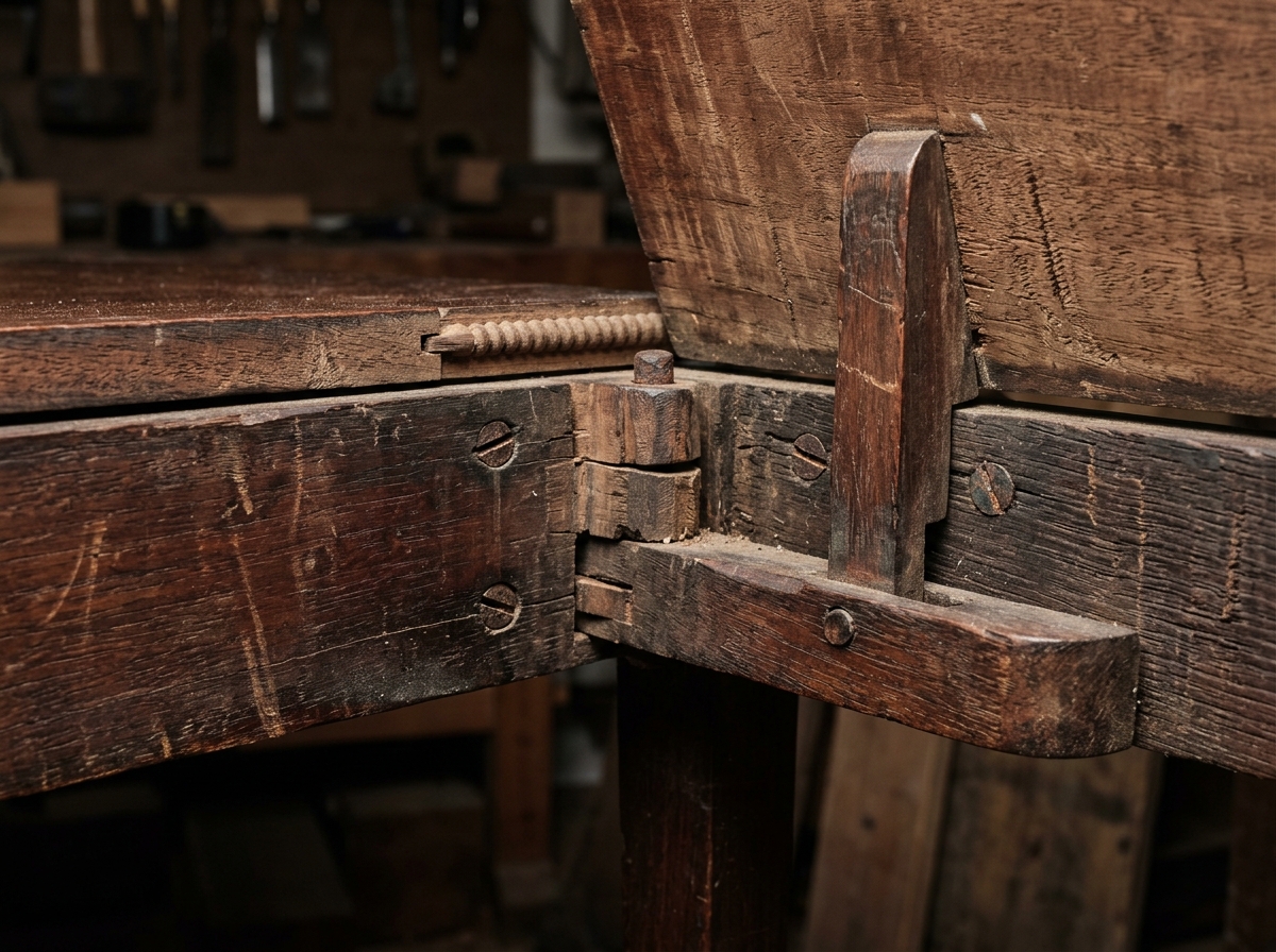 Underside of an antique Pembroke table showing wooden fly bracket swinging arm on knuckle hinge supporting raised drop leaf