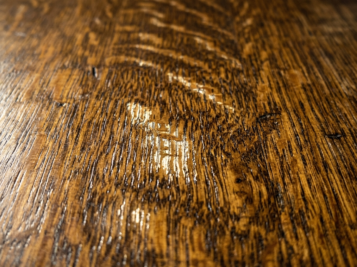 Extreme macro close-up of antique quartersawn tiger oak tabletop showing shimmering medullary ray flecks across golden wood grain