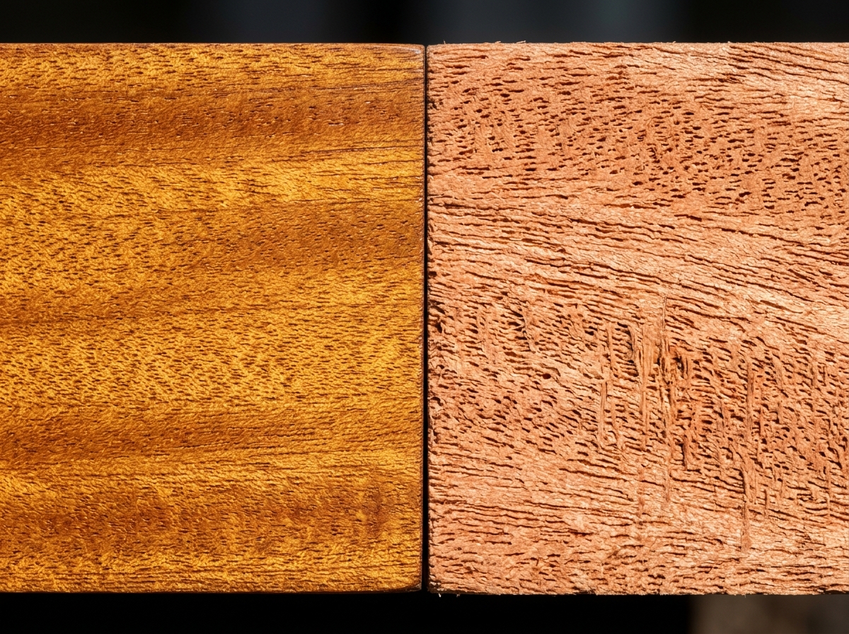 Forensic split macro photograph comparing authentic Honduran mahogany on left against modern African mahogany substitute on right