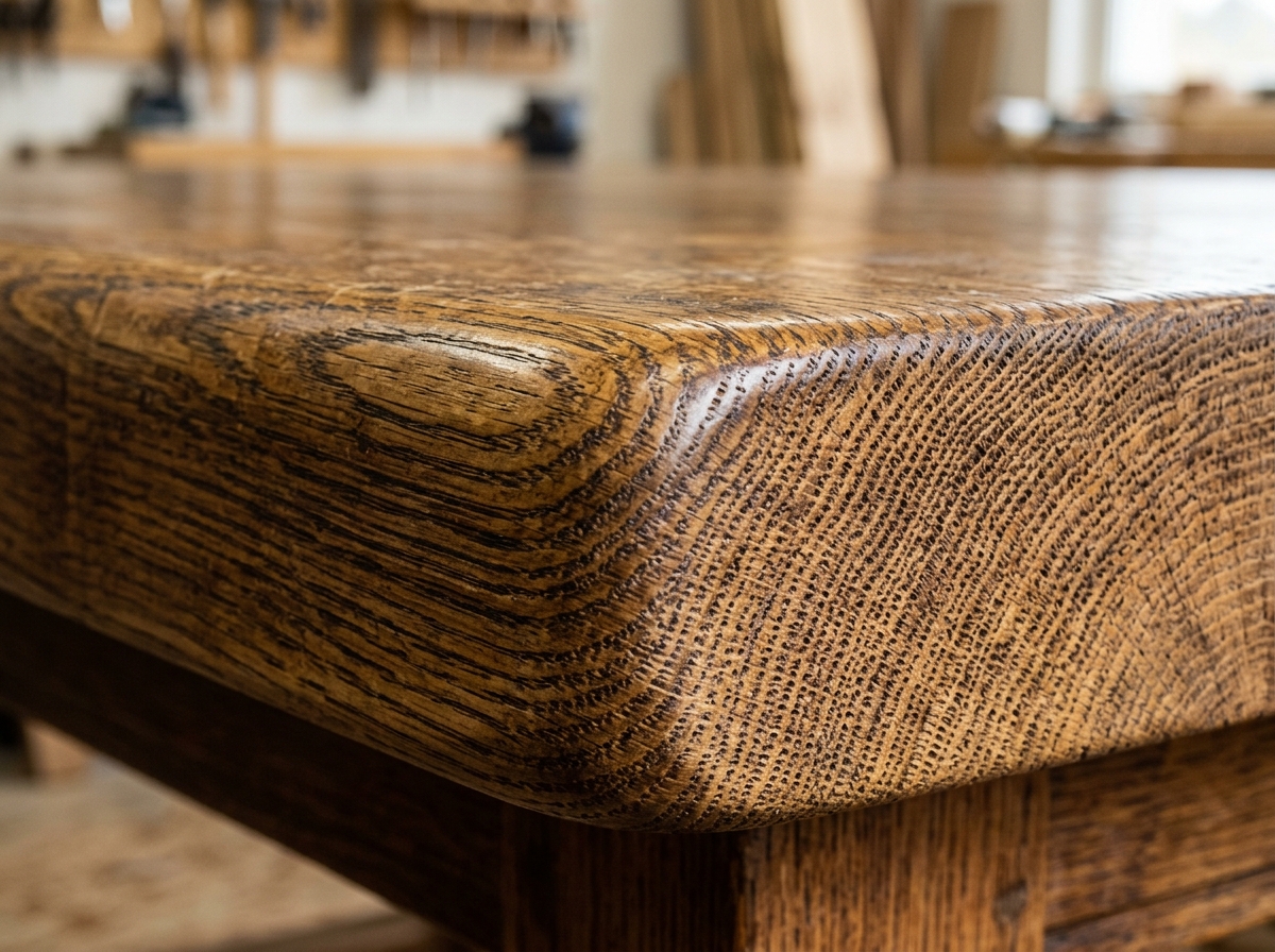 Macro photography of the end-grain edge of an authentic solid antique dining table showing growth rings continuing over the rounded edge