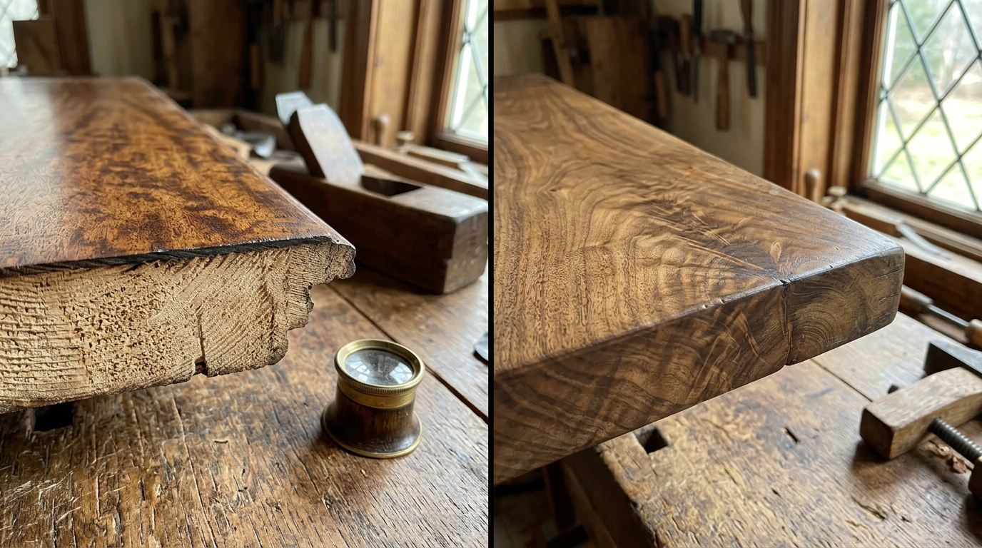 Side by side comparison of antique furniture craftsmanship showing historic thick veneer cross-section on the left and solid hardwood end-grain on the right