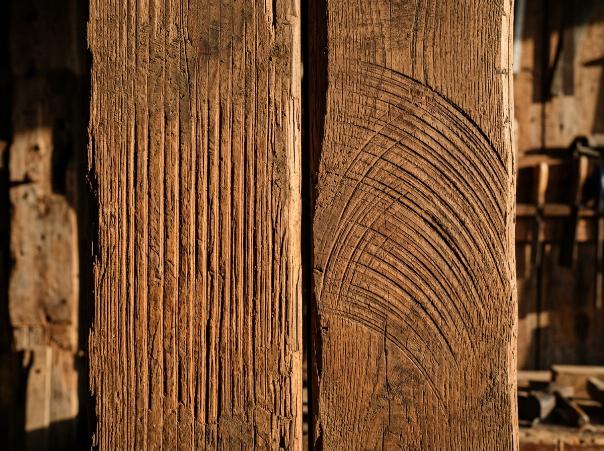 Straight vertical parallel sash saw kerf marks on antique wood compared to curved arc circular saw marks