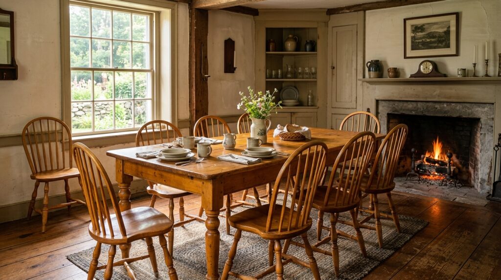 Authentic vintage Tell City Chair Company solid rock maple dining table and Windsor chairs in colonial dining room