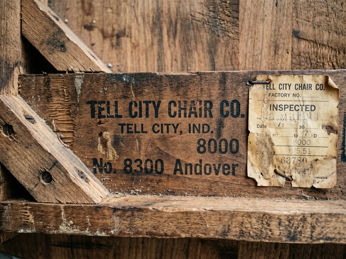 Underside of a Tell City table showing stenciled logo Tell City Chair Co Tell City Ind pattern number 8000 and factory paper label