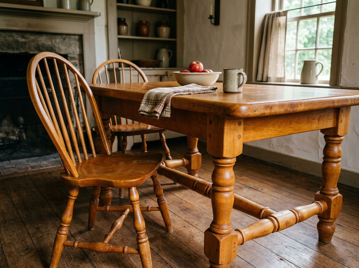 Close-up perspective of Tell City Young Republic solid rock maple dining table highlighting turned legs dowel joinery and honey amber finish