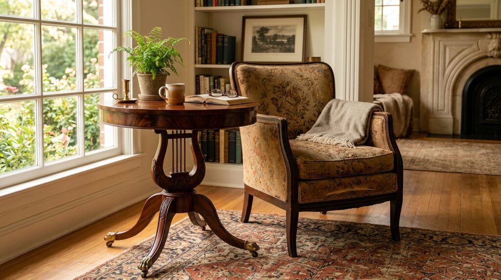 Vintage Mersman mahogany lyre harp side table with saber legs and brass claw feet in a traditional living room