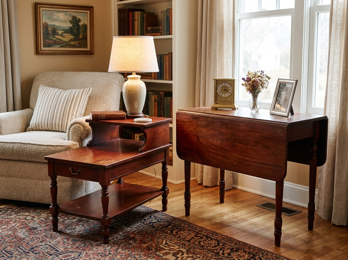 Pair of vintage 1940s Mersman mahogany tables including a two-tier step end table and a drop-leaf console table with turned legs