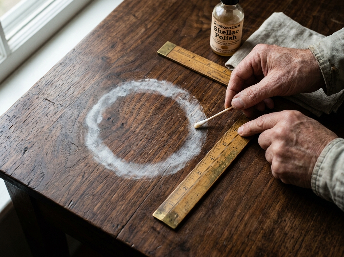 Macro close-up inspection of a white hazy moisture heat ring trapped in the clear shellac finish of an antique wood tabletop